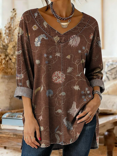 Women's Denim-colored Patchwork Pattern Art Print Casual Washed Denim Cotton Shirt
