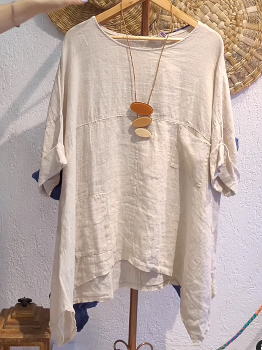 Women's Casual Cotton and Linen V-neck Shirt