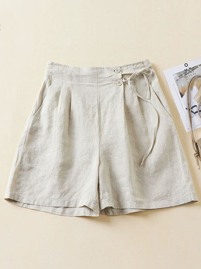 Women's Semi-elastic High Waist Solid Color Casual Cotton and Linen Wide Leg Shorts