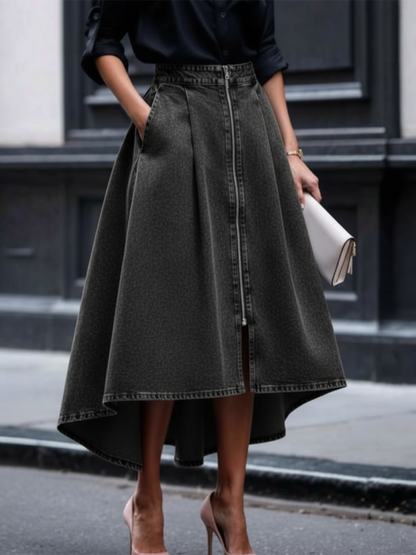 Elegant Zippered Irregular Hem Denim Skirt