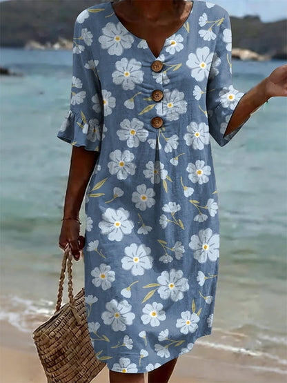 Women's Casual V-Neck Printed Cotton-Linen Dress