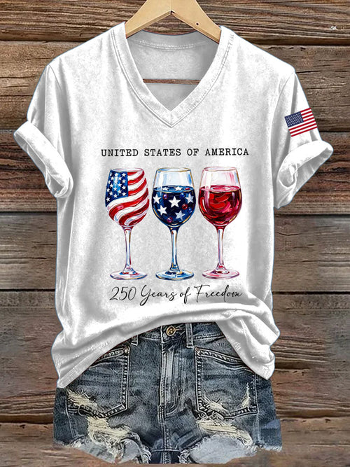 Women's retro flag cross print V-neck short sleeved T-shirt