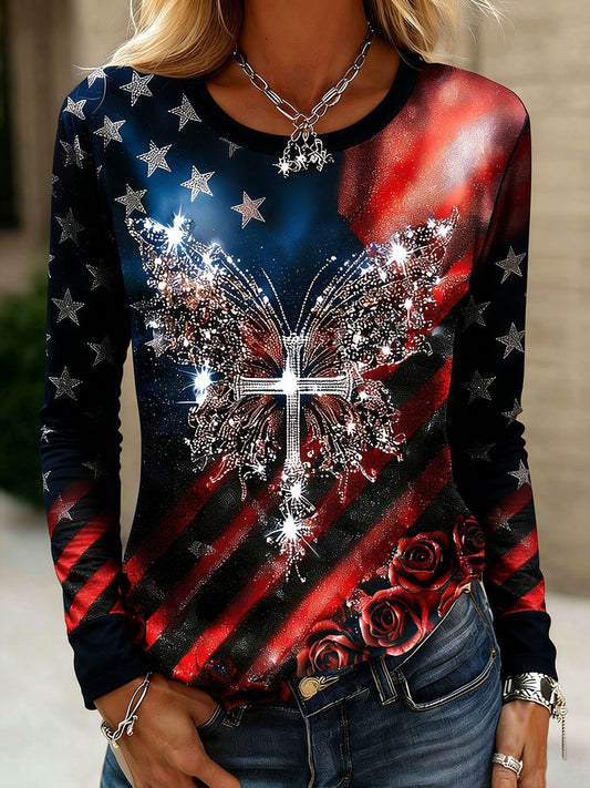 Women's Crew Neck Printed Long-Sleeve T-Shirt Commemorating the 250th Anniversary of Faith in America