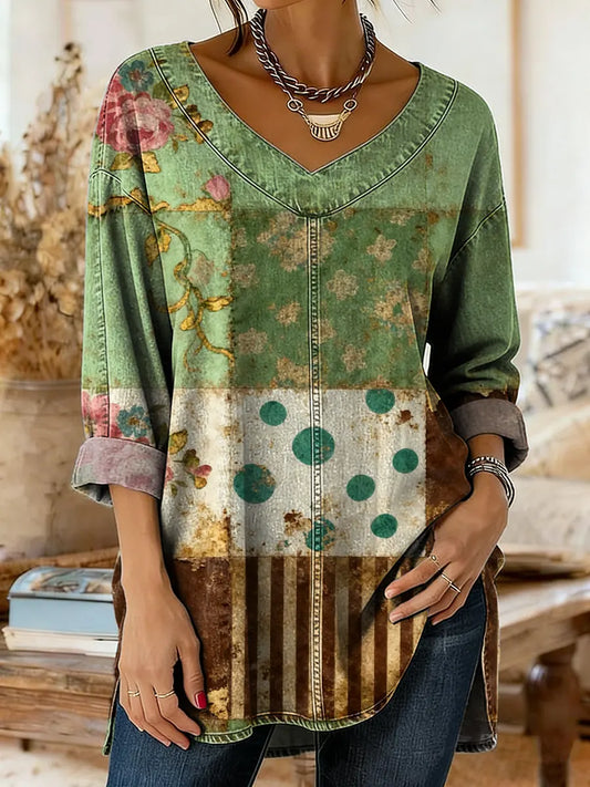 Women's Vintage Patchwork Pattern Art Print Casual Washed Denim Cotton Top