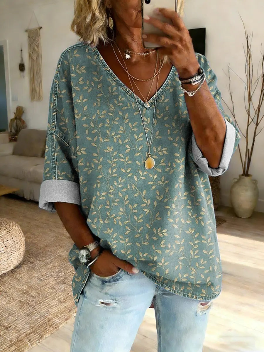 Women's Floral Art Print Cotton Denim V-Neck Top