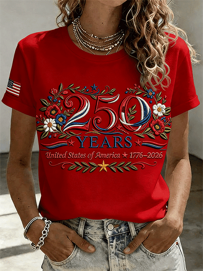 Women's 250 Years 1776-2026 USA Floral Embroidered T-shirt