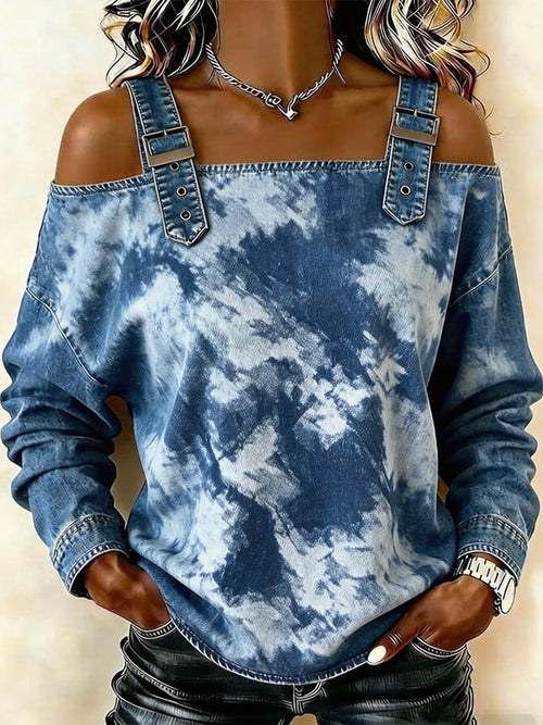 Women's denim casual jacquard off-shoulder top
