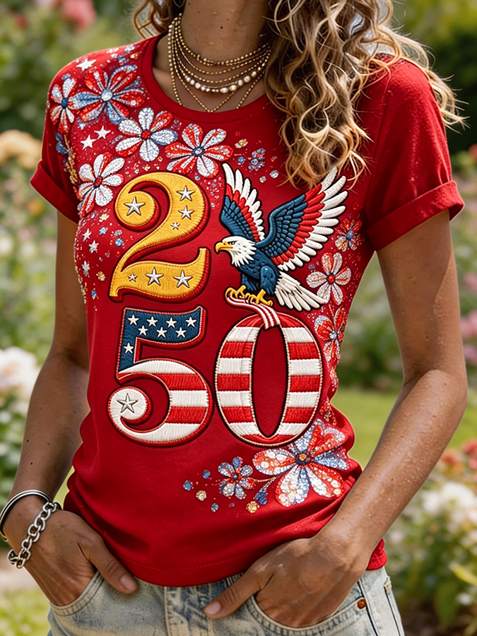 Women's USA 250th Eagle & Flag Embroidered Short Sleeve T-Shirt