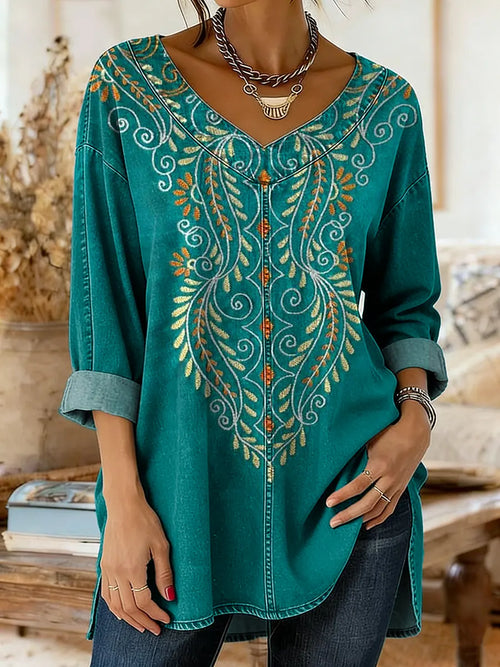 Ethnicity Geometry Totem Pattern Women's Art Print Casual Washed Denim Cotton Top