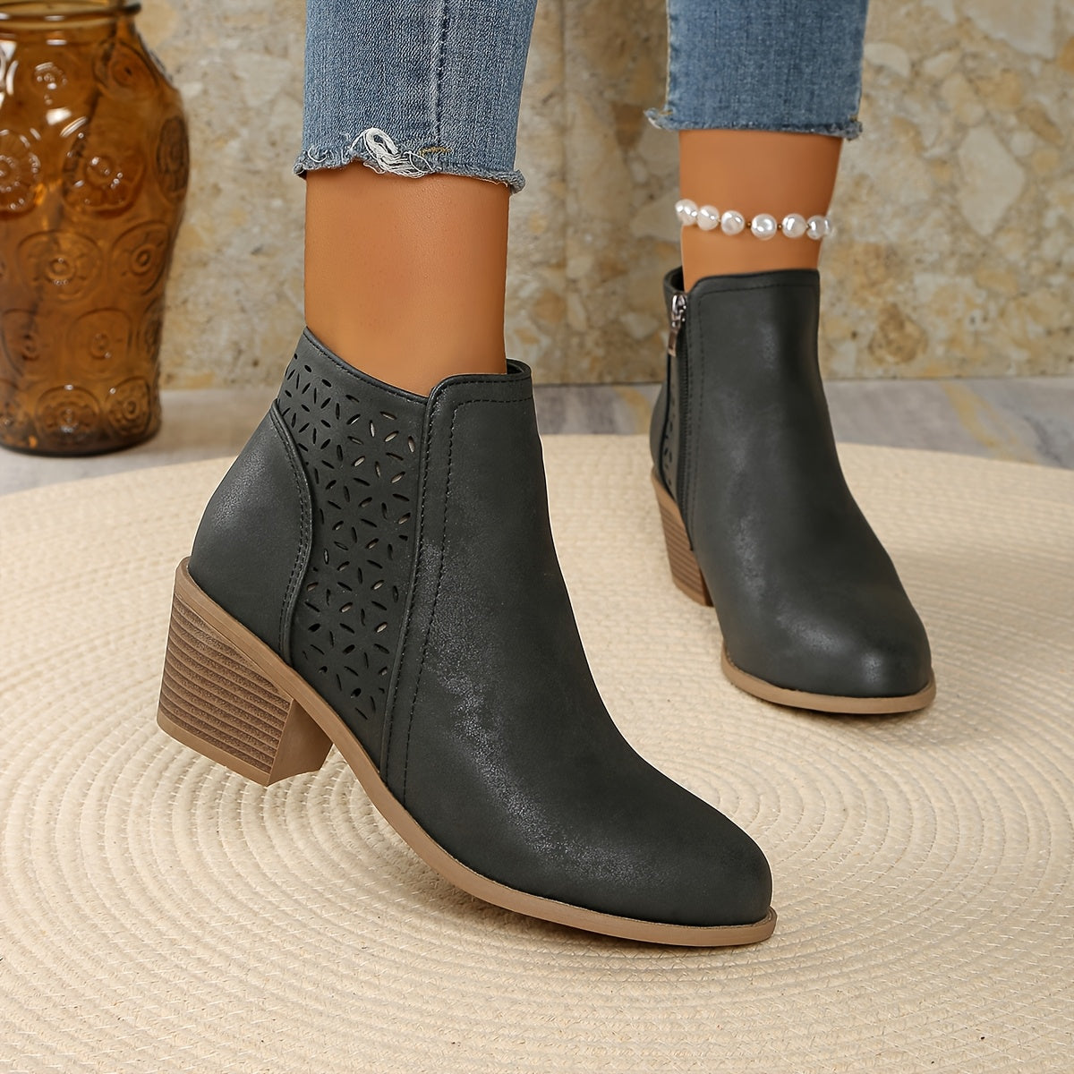 🔥 Women's Chunky Mid-Heel Slip-On Leather Orthopaedic Ankle Boots