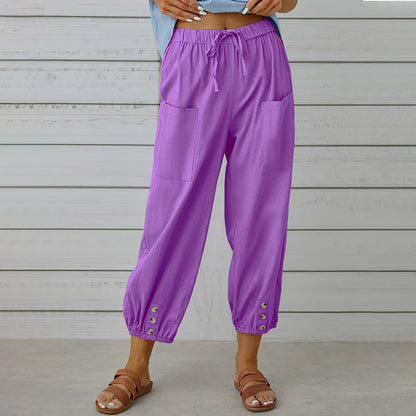 Solid Color Casual With Pocket Buttons Cotton Linen Trousers