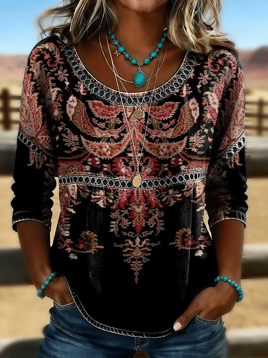Women's Casual Retro Floral Print Cotton-Linen Cutout Top