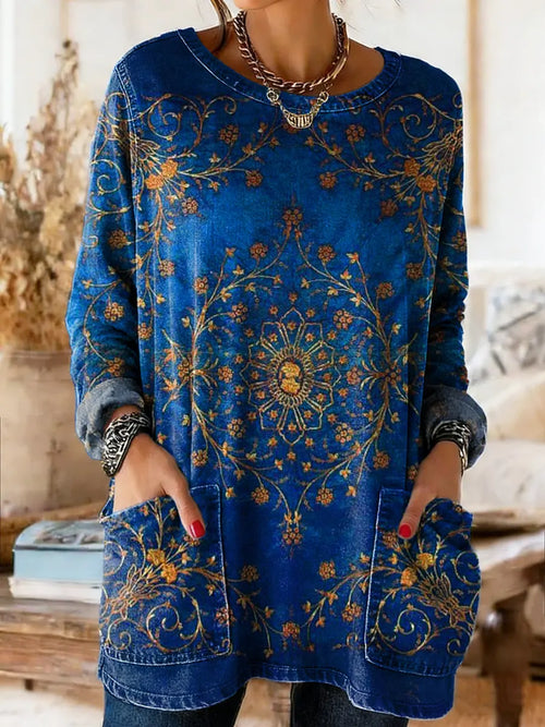 Retro Bohemian Style Patterned Floral Art Print Casual Washed Denim Cotton Top.