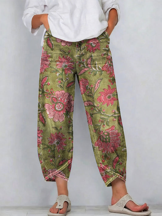 Women's Vintage Minimalist Contrasting Colors Pattern Art Prints Casual Denim Cotton Pants