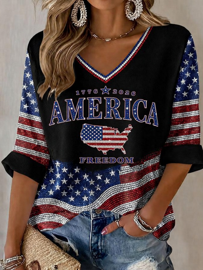 Women'S Retro Independence Day Art Printed Casual T-Shirt