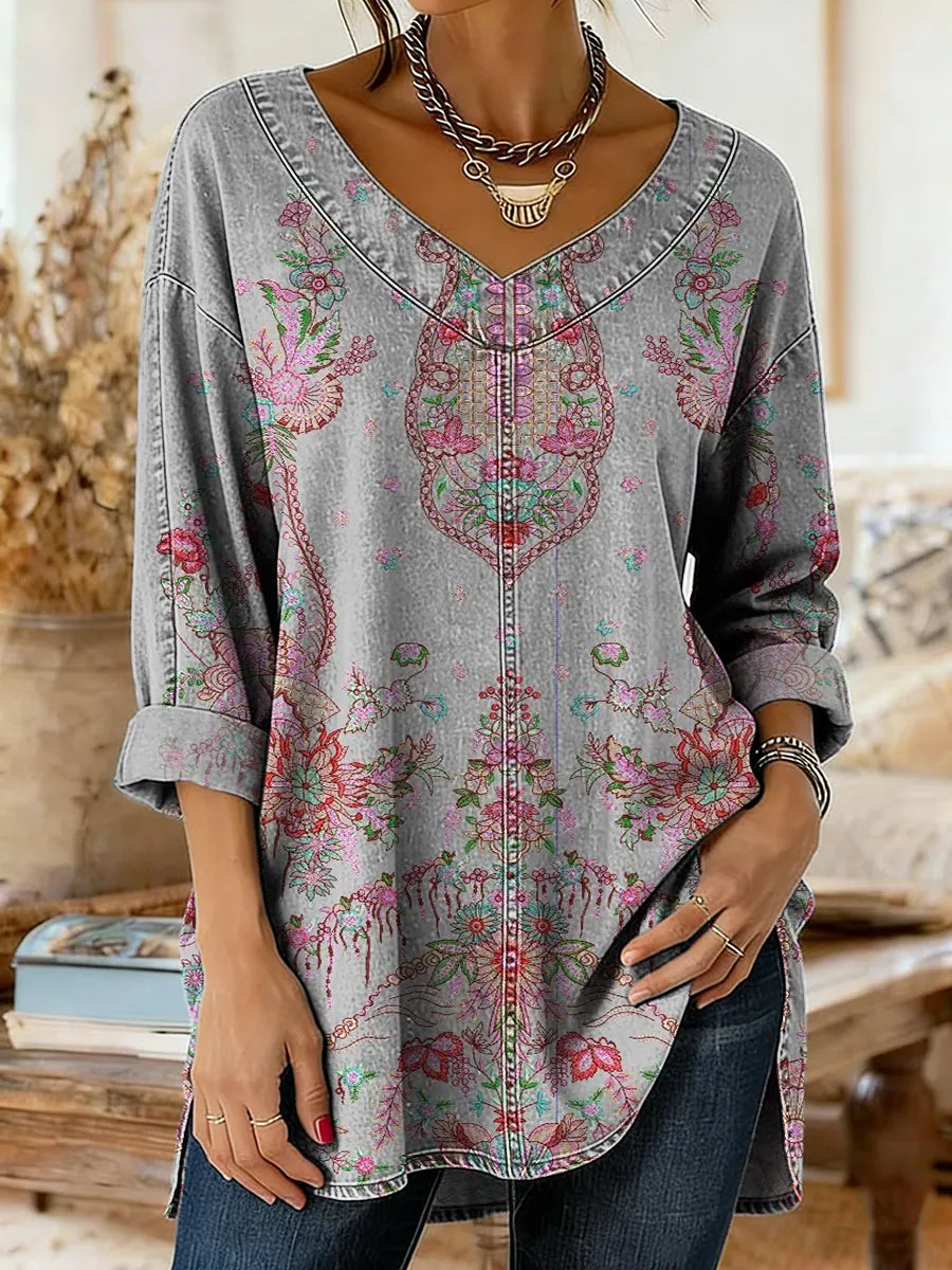 Women's Vintage Floral Print Artistic Washed Denim Cotton Shirt