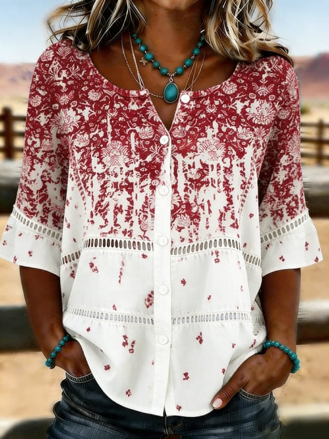 Women's Casual Western Floral Print Cotton Linen Hollow-Out Top