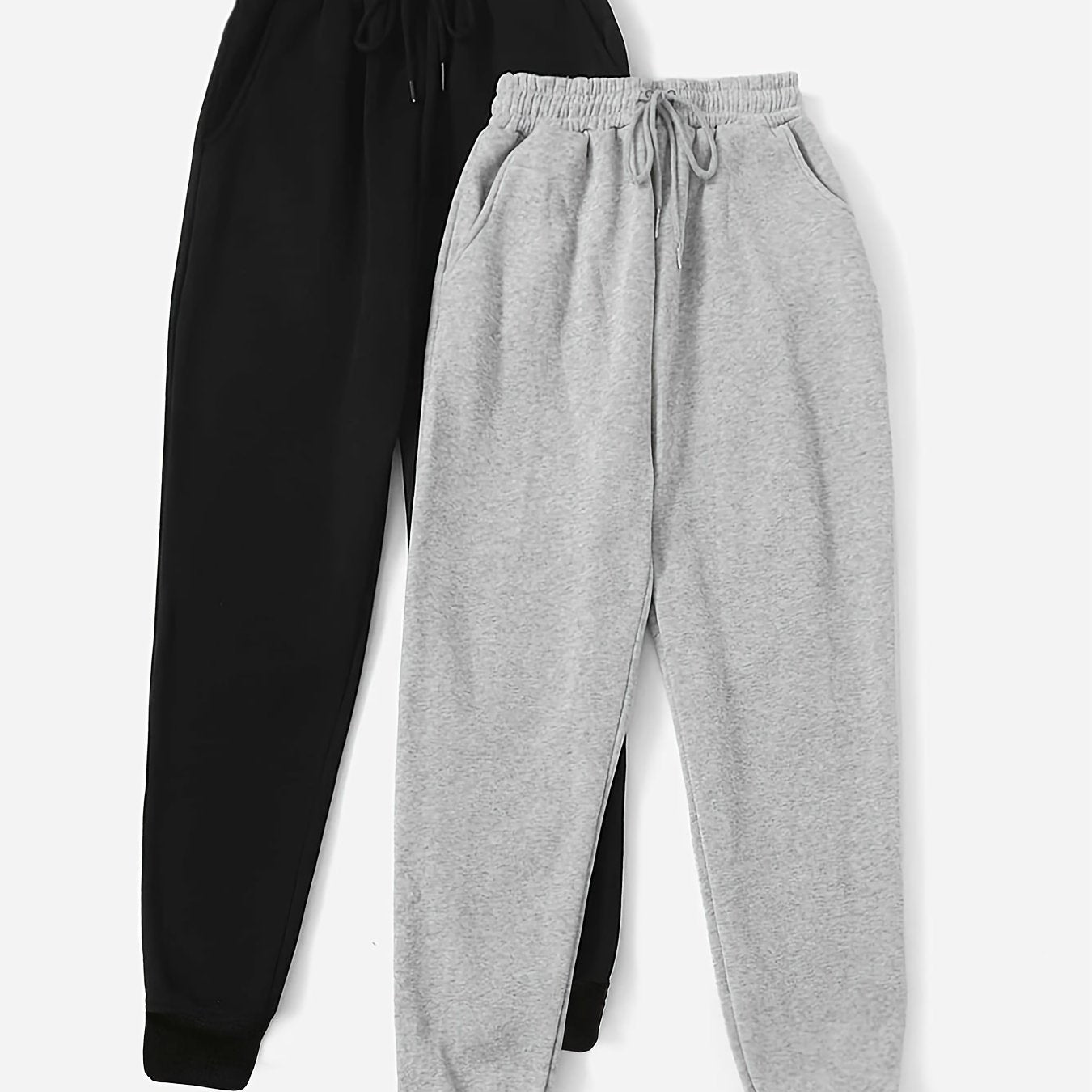 Two Pack Pants, Solid Drawstring High Waisted Sweatpants, Casual Every Day Pants, Women's Clothing
