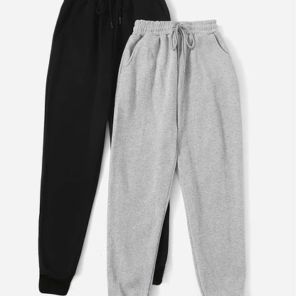 Two Pack Pants, Solid Drawstring High Waisted Sweatpants, Casual Every Day Pants, Women's Clothing