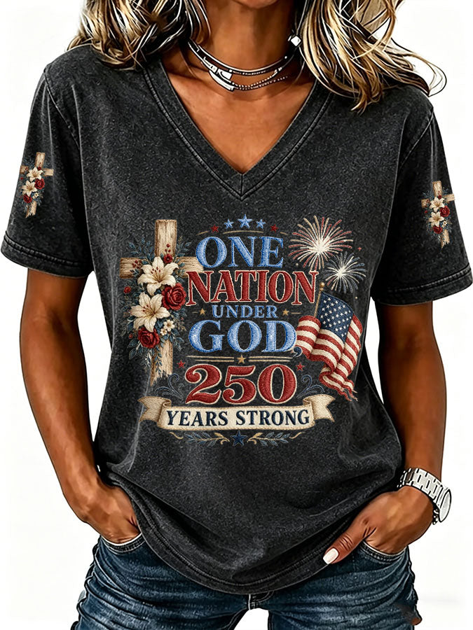Women'S America Flag Print Casual V-Neck T-Shirt