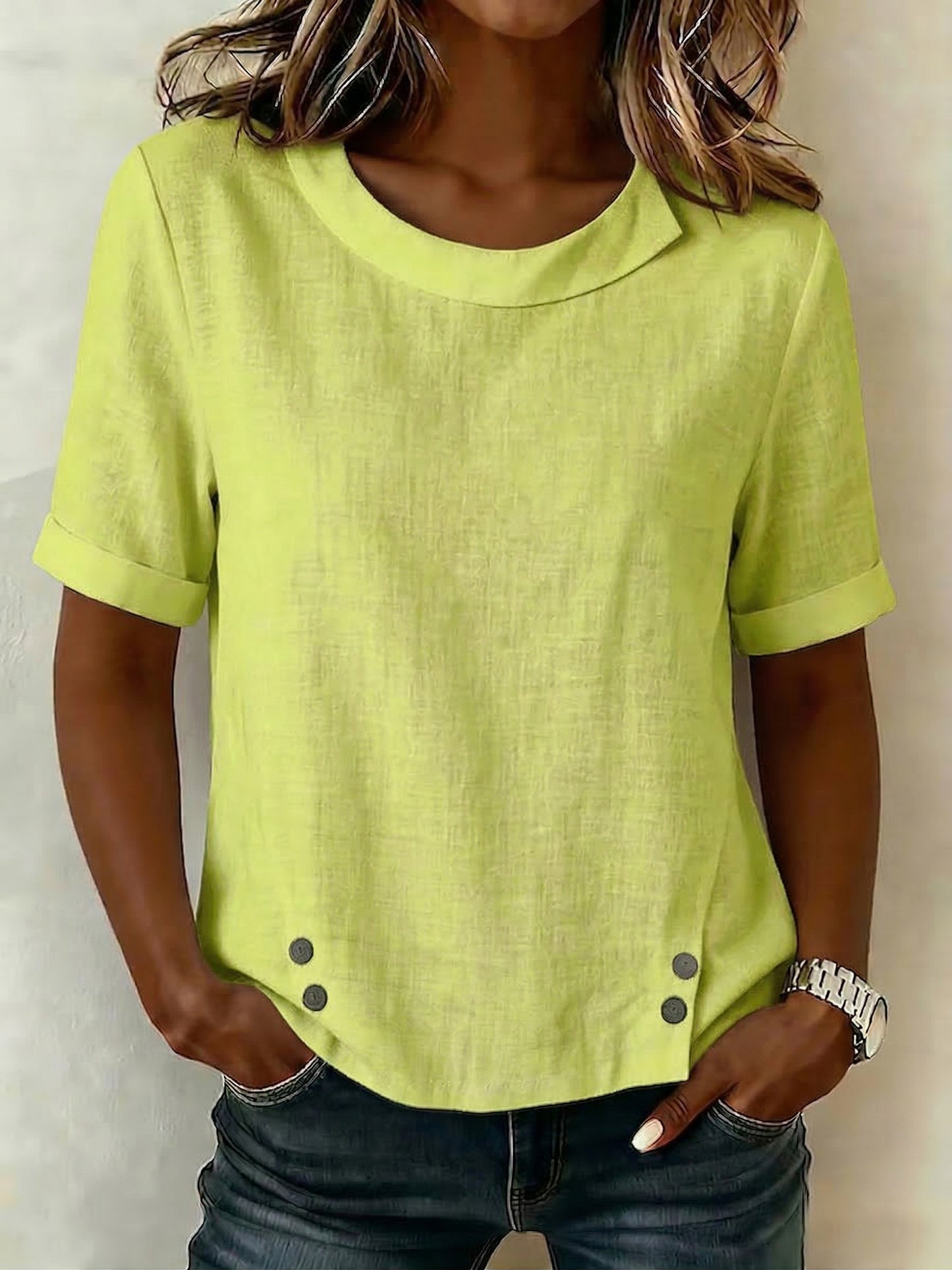 Cozy Retro Round-neck Cotton-linen Blouse