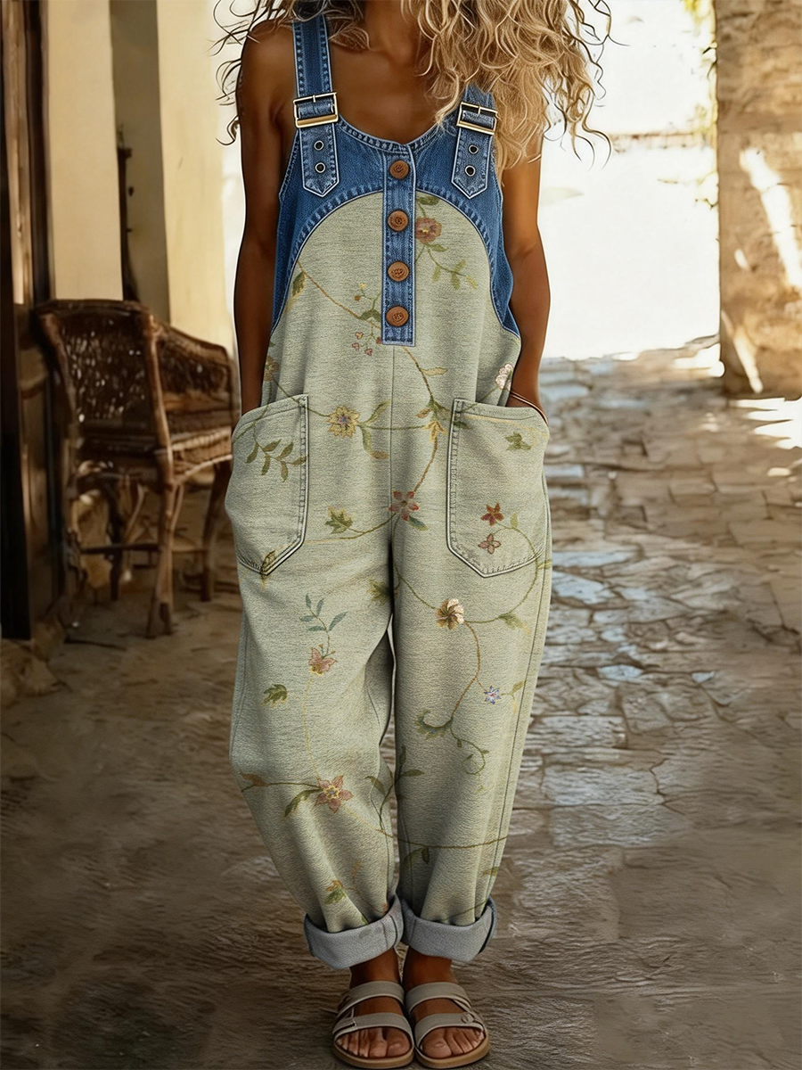 Women's Retro Floral Art Print Casual Denim Patchwork Jumpsuit