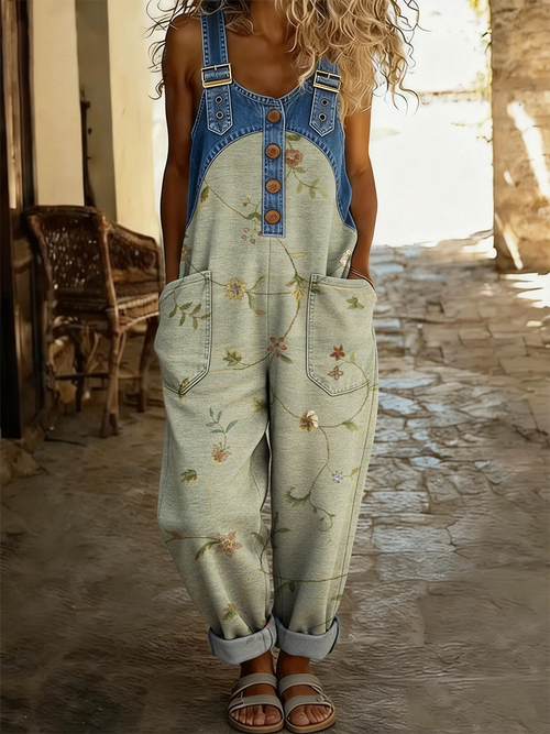 Women's Retro Floral Art Print Casual Denim Patchwork Jumpsuit