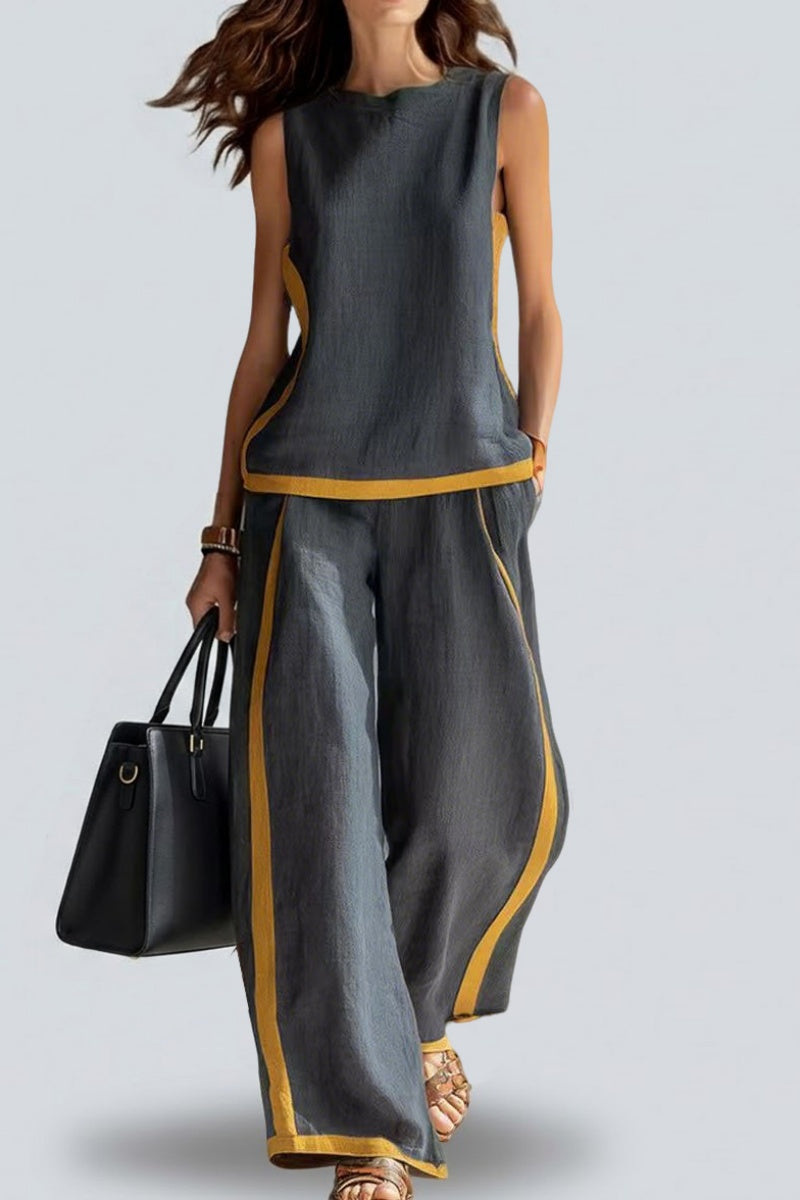 Women's Two Tone Trim Vest & Wide Leg Pants 2Pcs Set