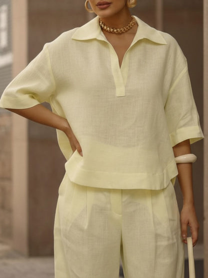 Women's Casual Linen And Cotton Shirt And Wide-leg Pants Two-piece Set