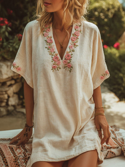 Women's Vintage Rose Floralembroidery Linen Mini Dress