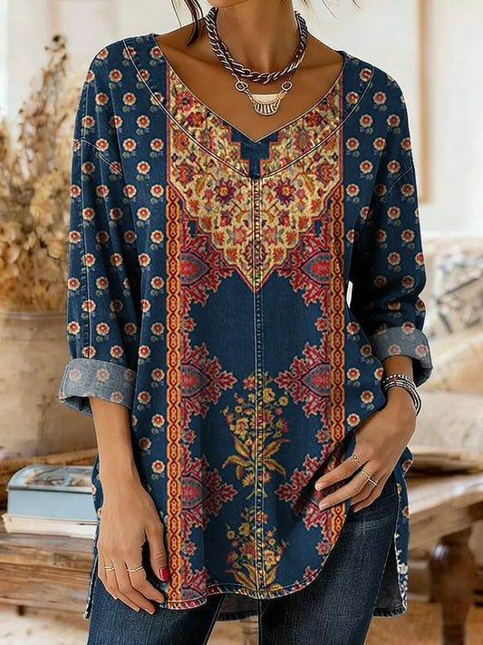 Women's Denim-colored Patchwork Pattern Art Print Casual Washed Denim Cotton Shirt