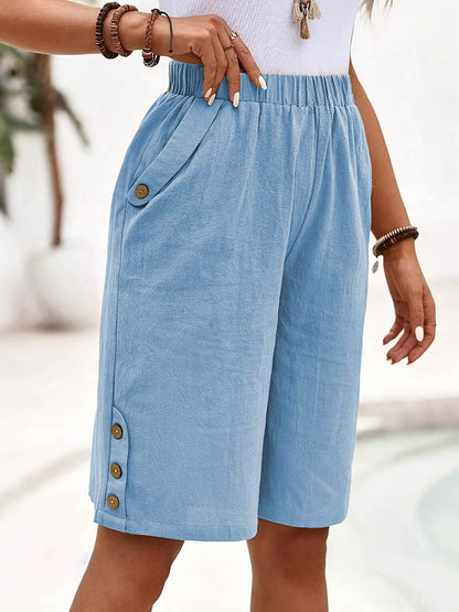 Women's Solid Color Elastic Waist Loose Casual Pockets Cotton and Linen Straight-leg Shorts