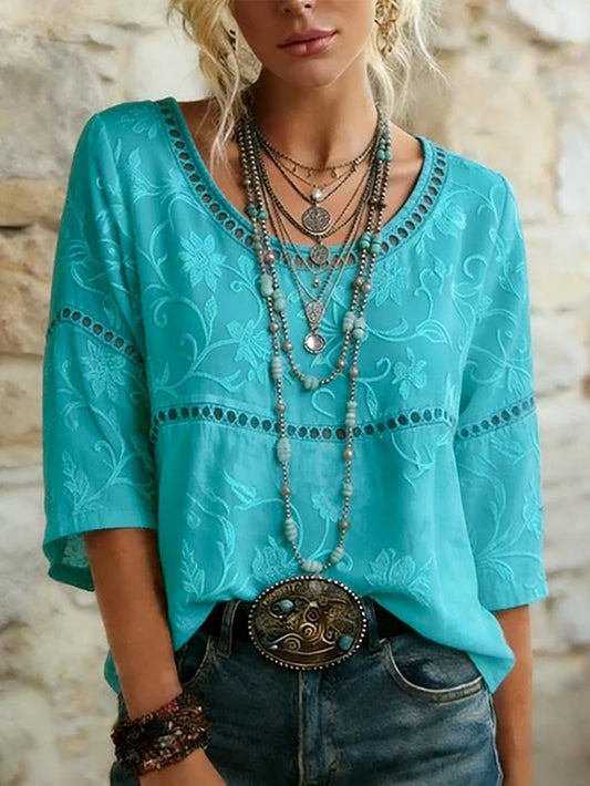 Flower Embroidered Hollow Out Cotton Top
