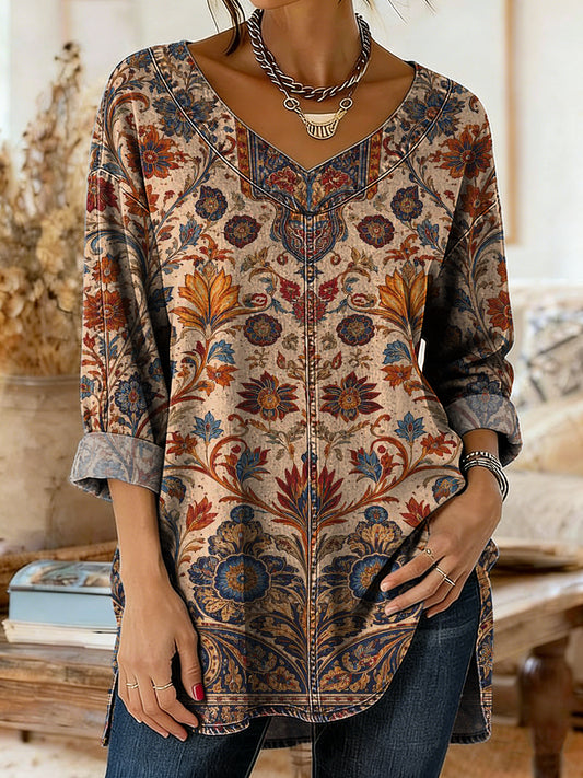 Women's Retro Bohemian Ethnic Art Print Casual V-neck Washed Cotton Denim Top