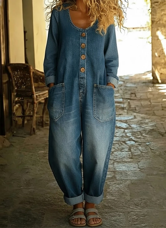 Women's Casual Cotton Long Sleeves and Denim Jumpsuit