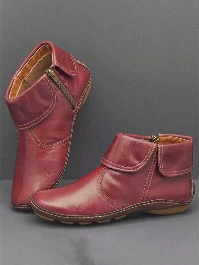 Women Hemmed Zip Casual Plain Round Toe Short Boots With Flat Heel
