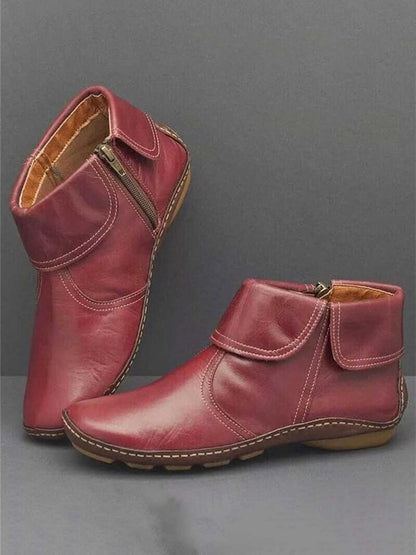 Women Hemmed Zip Casual Plain Round Toe Short Boots With Flat Heel