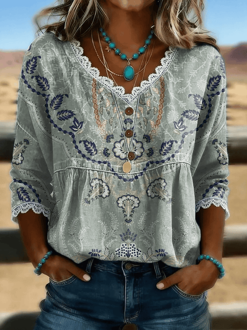 Women's Casual Retro Floral Print Cotton-Linen Cutout Top