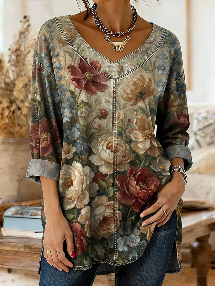 Women's Vintage Floral Print Artistic Washed Denim Cotton Shirt