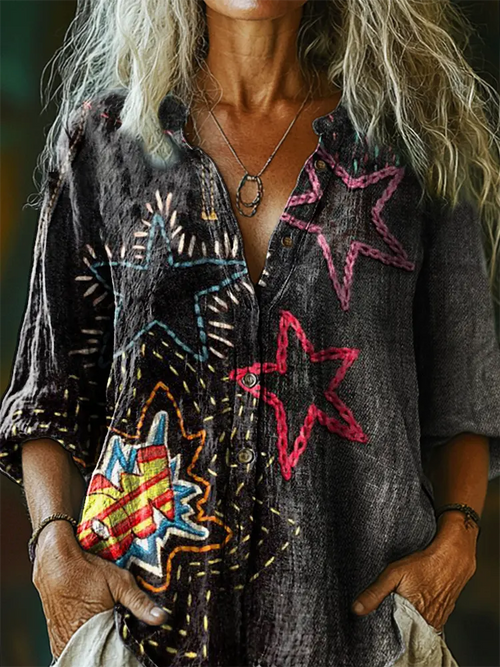 Women's Vintage Hippie Style Star Art Print Casual Cotton And Linen Blend Shirt