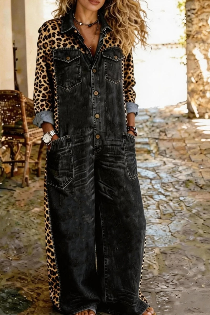 Women's Casual Long-Sleeved Pocket Leopard Print Denim Jumpsuit