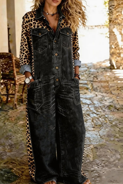 Women's Casual Long-Sleeved Pocket Leopard Print Denim Jumpsuit