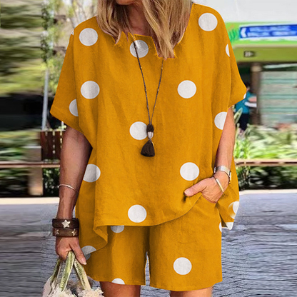 Women'S Polka Dot Print Round Neck Loose Short Sleeve Shorts Two-Piece Set