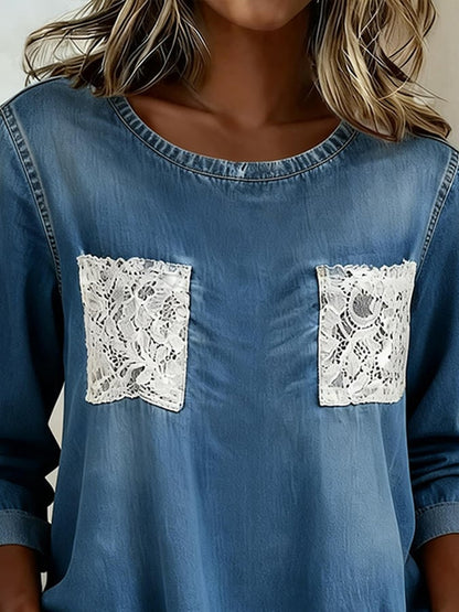 Women's Casual Round Neck Lace Patch Denim Shirt