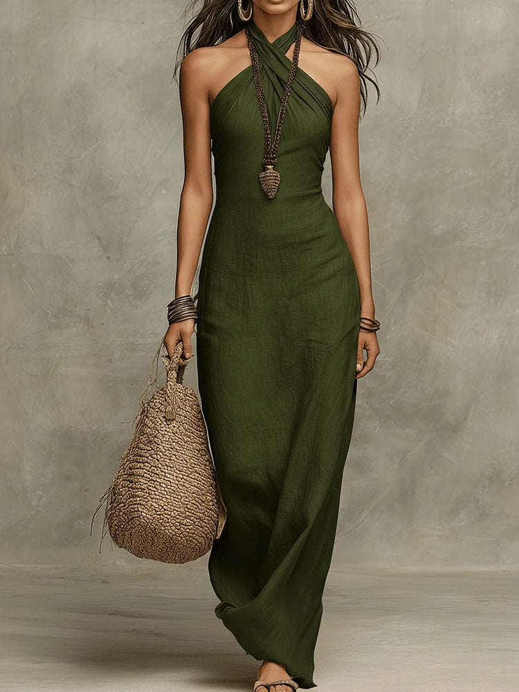 Relaxed Soft Drape Halter Column Linen Halter Maxi Dress