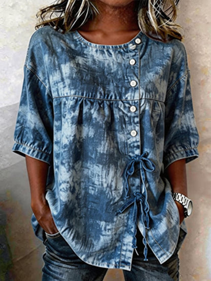 Women's Casual Denim Jacquard Short-Sleeve Top
