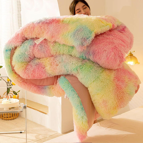 Luxury Plush Mink Thick Faux Fur Quilt, Lightweight Breathable Warm Thick Bed Quilt, Modern Casual Super Soft Four Seasons Fluffy Bedding
