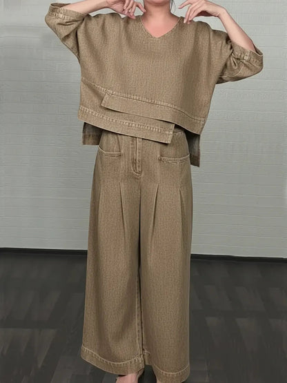 Women's Casual Denim Cotton Top And Pants Two-piece Set