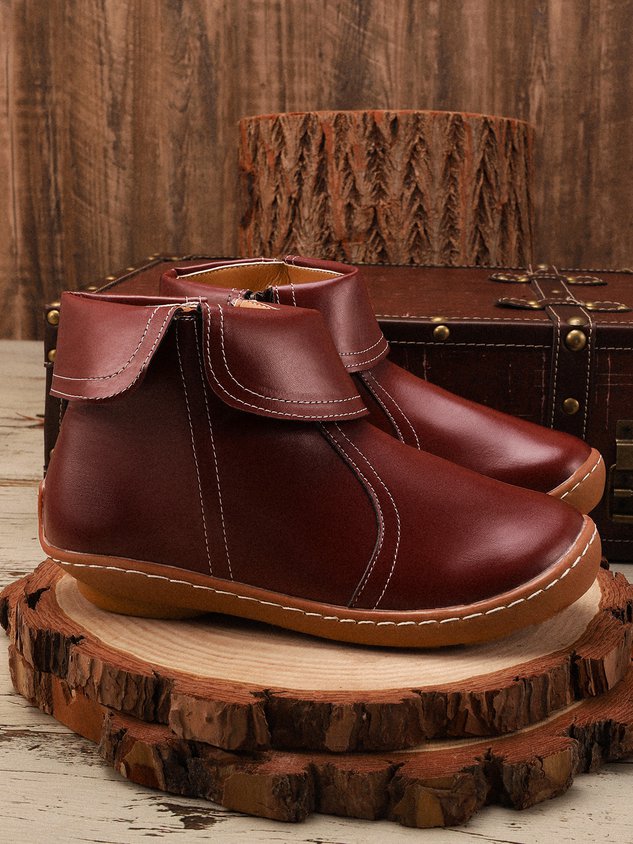 Women Hemmed Zip Casual Plain Round Toe Short Boots With Flat Heel