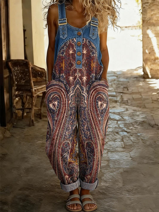 Women's Retro Pattern Art Print Casual Denim Patchwork Jumpsuit
